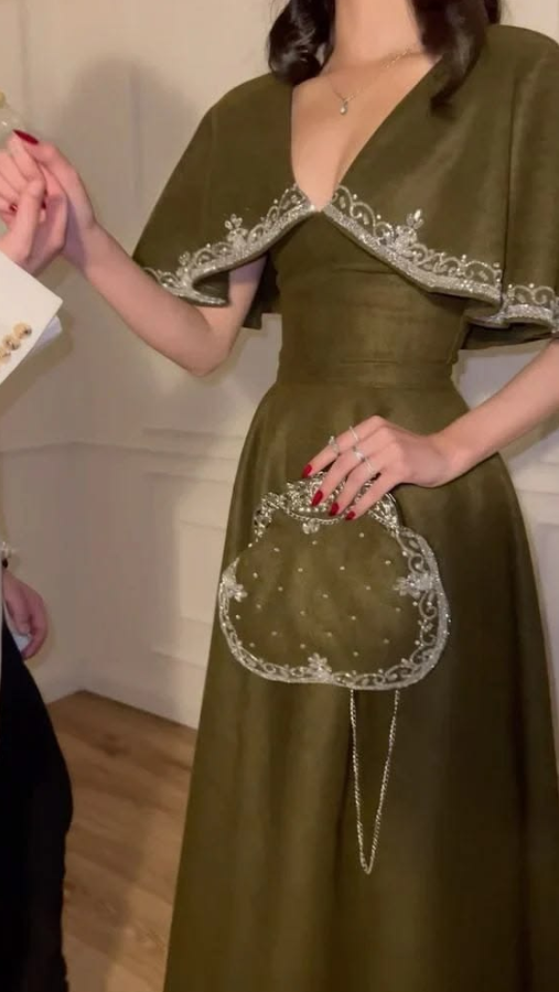 Retro Satin Silky V-neck Prom Gown Bud Green Women's Corset Maxi Cocktail Dress Casual Dress RS2932