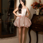 Pink Strap Diamond Satin Waisted Flower Bud Tutu Skirt Homecoming Dress R4166