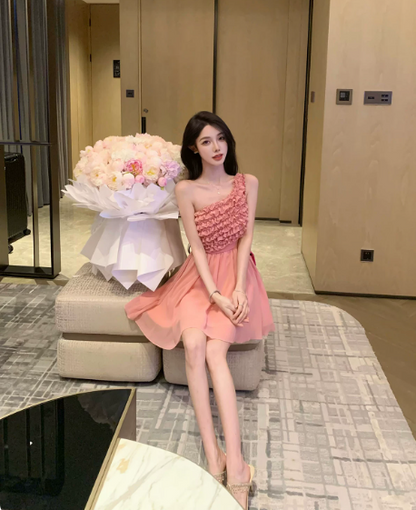 Sweet Pink Ruffled A-Line One-shoulder Bodycon Mini Birthday Dress Homecoming Dress RS287