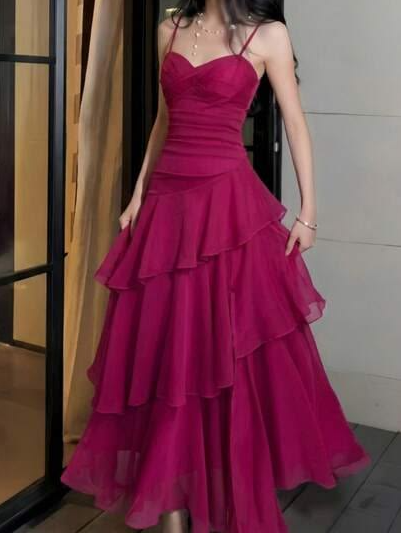 Vibrant Flowy Ruffled Corset Prom Gown , Barbie Pink Women's Maxi Party Dress RS2303