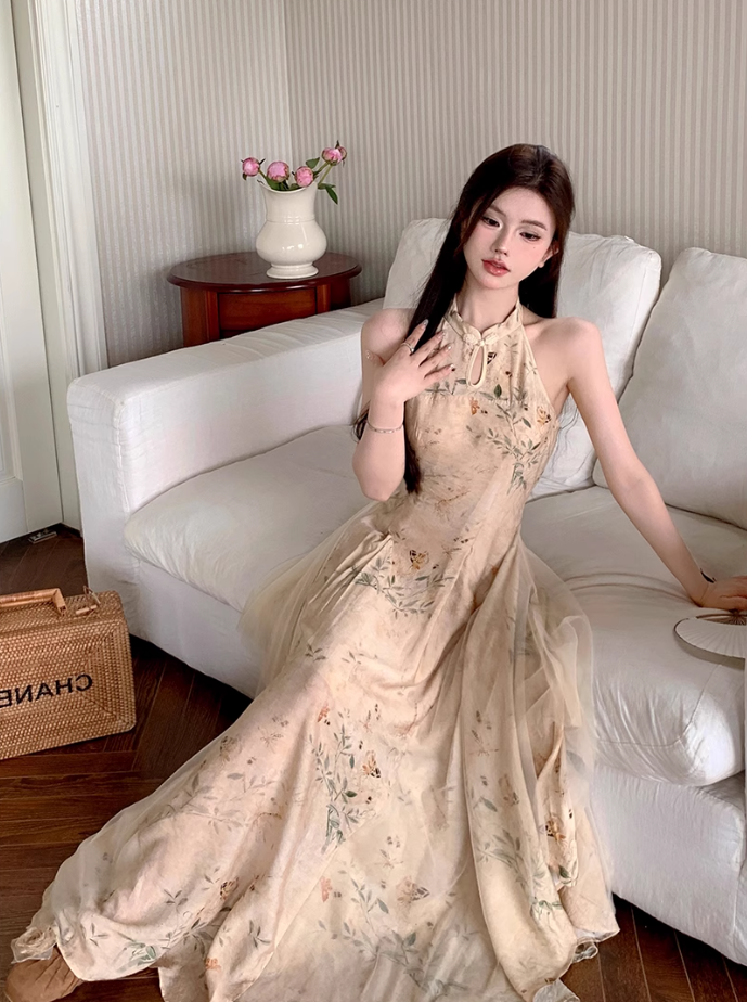 Fairy new Chinese style improved cheongsam halo dyed floral waist long skirt dress R1703
