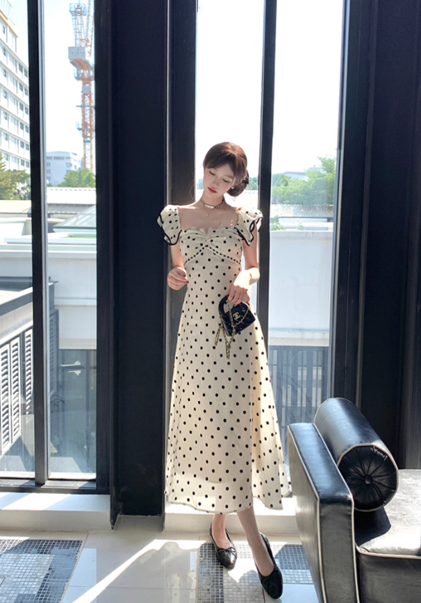 Long black and white polka dot waist suspender dress summer French retro temperament slim skirt R4739