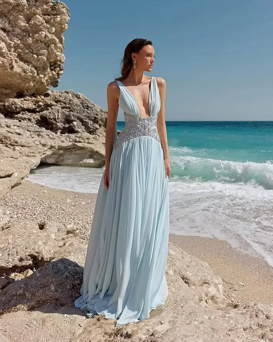 Flowy Deep V-neck Corset Prom Gown , Sexy Blue Women's Maxi Summer Dress Party Dress RS2308