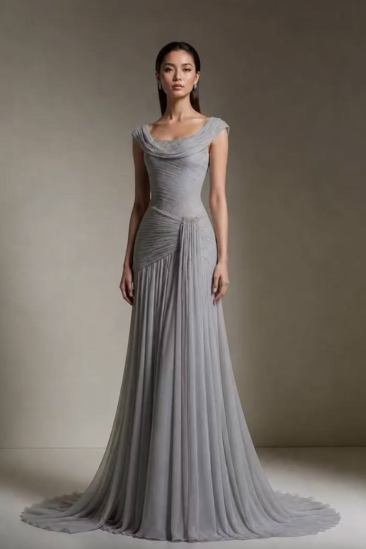Flowy Chiffon Pleated Corset Prom Gown , Gray Women's Maxi Evening Dress RS2309