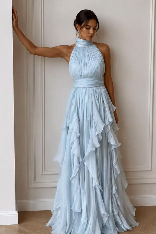 Flowy Chiffon Pleated Corset Prom Gown , Blue Women's Maxi Evening Dress RS2311