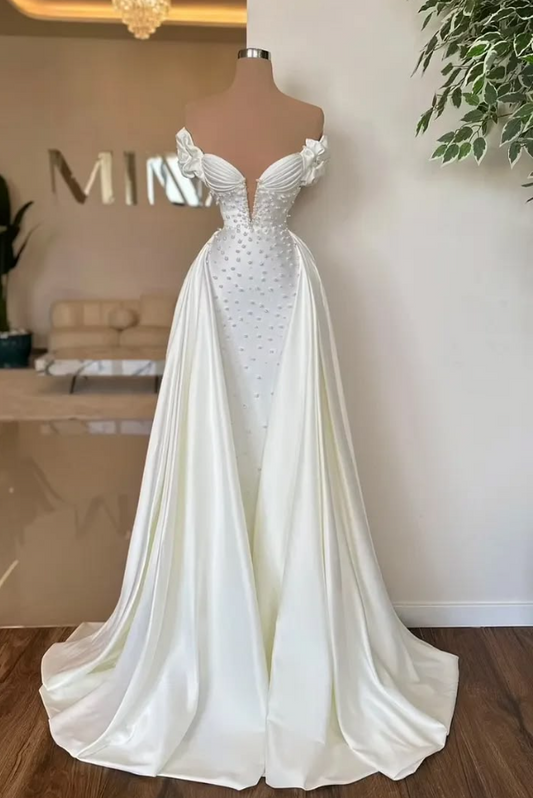 Beaded White V-neck A-Line Satin Puffy Corset Maxi Wedding Dress RS2281