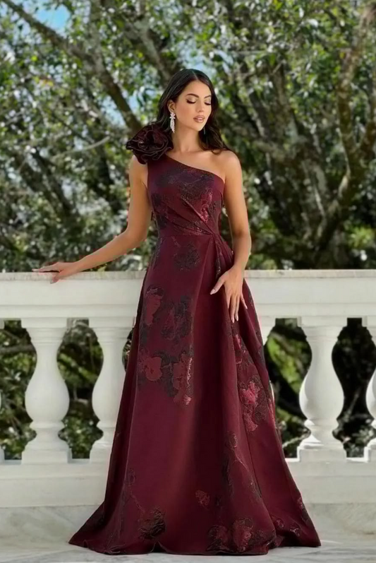 Printed Pattern Satin Corset Prom Gown , Burgundy Women's Maxi Evening Dress RS2313