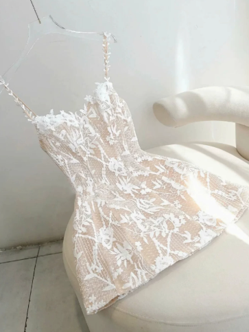 Minimalist White A-Line Spaghetti Straps Lace Embroidery Corset Mini Birthday Dress Homecoming Dress RS289