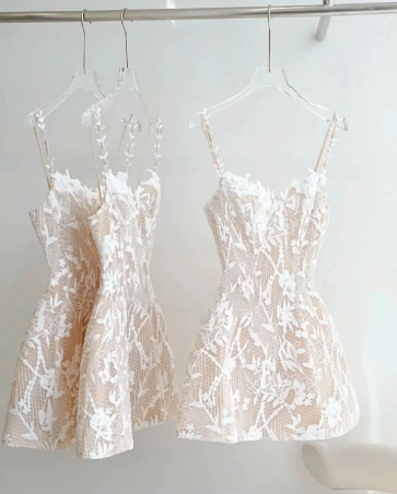 Minimalist White A-Line Spaghetti Straps Lace Embroidery Corset Mini Birthday Dress Homecoming Dress RS289