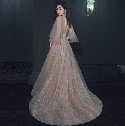 Puffy Glitter Tulle Corset Prom Gown , Champagne Women's Maxi Evening Dress RS2317