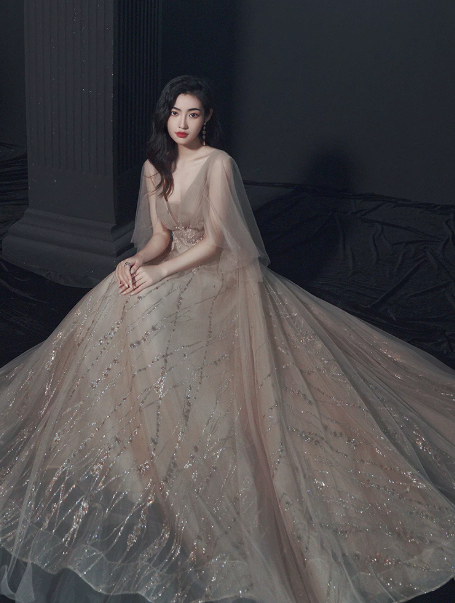 Puffy Glitter Tulle Corset Prom Gown , Champagne Women's Maxi Evening Dress RS2317