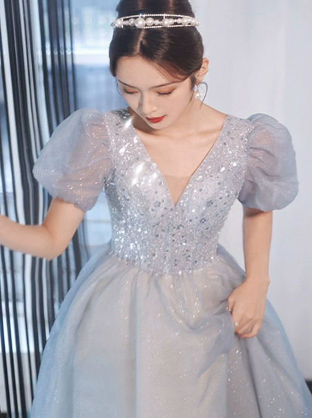 Puffy Tulle Sequins Corset Prom Gown , Blue Women's Maxi Evening Dress Birthday Dress RS2319