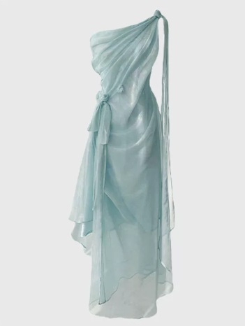 Elegant Mint Green Sheath One-shoulder Organza Bodycon Maxi Women Dress Evening Dress RS296