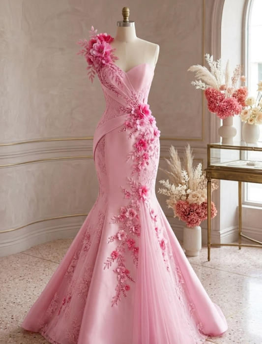 Sparkly Applique Bodycon Prom Gown , Barbie Pink Women's Maxi Evening Dress Birthday Dress RS2363