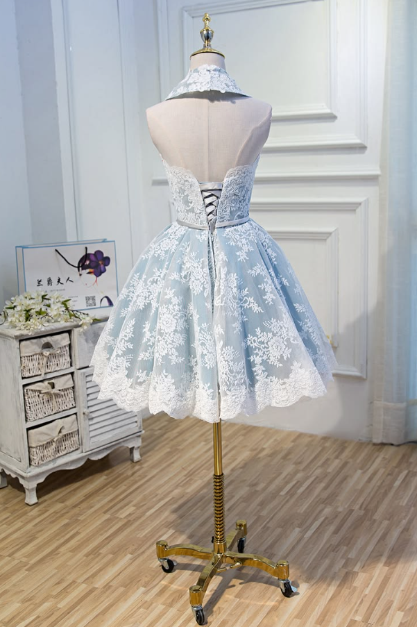 Silky Lace Embroidered Women's Homecoming Dress Blue Corset Mini Birthday Dress RS2329