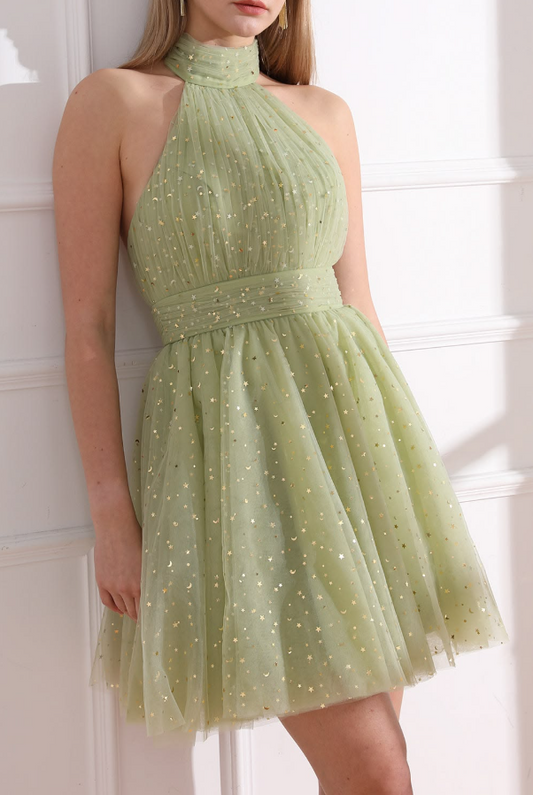 Tulle Halter Flowy Women's Homecoming Dress Green Corset Mini Party Dress RS2330