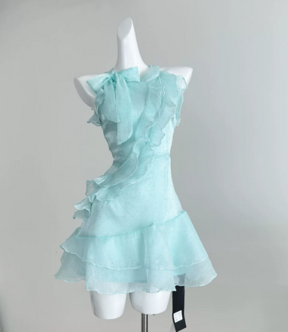 Fresh Mint Green A-Line High Collar Draped Crepe Bodycon Mini Summer Dress Homecoming Dress RS290