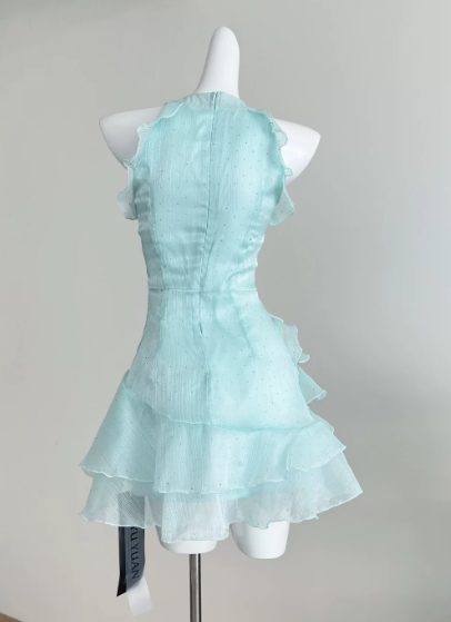 Fresh Mint Green A-Line High Collar Draped Crepe Bodycon Mini Summer Dress Homecoming Dress RS290