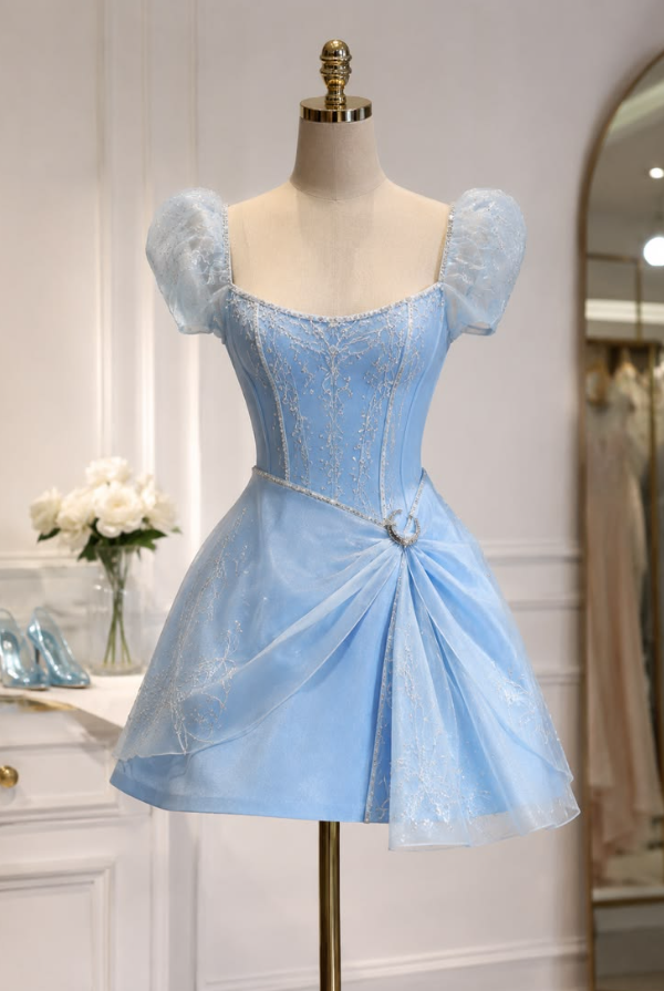 Puff Sleeves Tulle Women's Homecoming Dress Blue Corset Short Prom Dress Party Dress RS2332