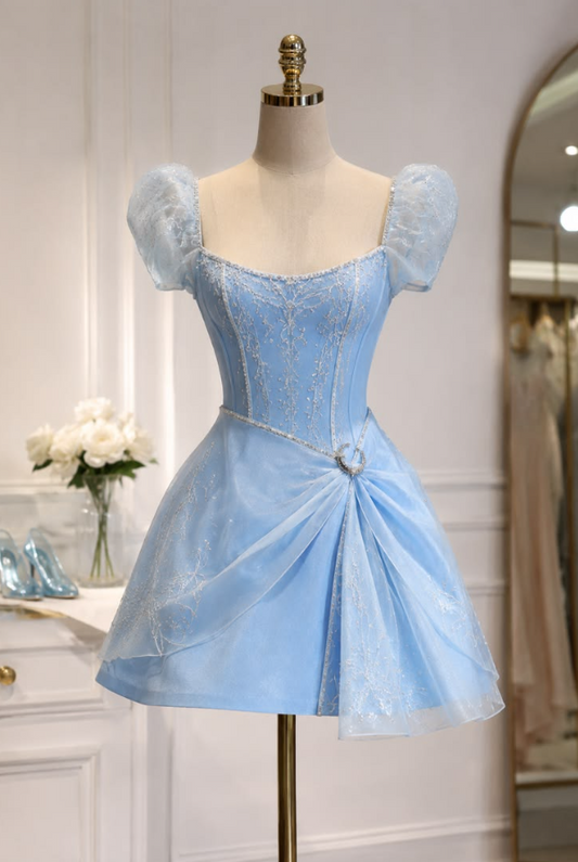 Puff Sleeves Tulle Women's Homecoming Dress Blue Corset Short Prom Dress Party Dress RS2332