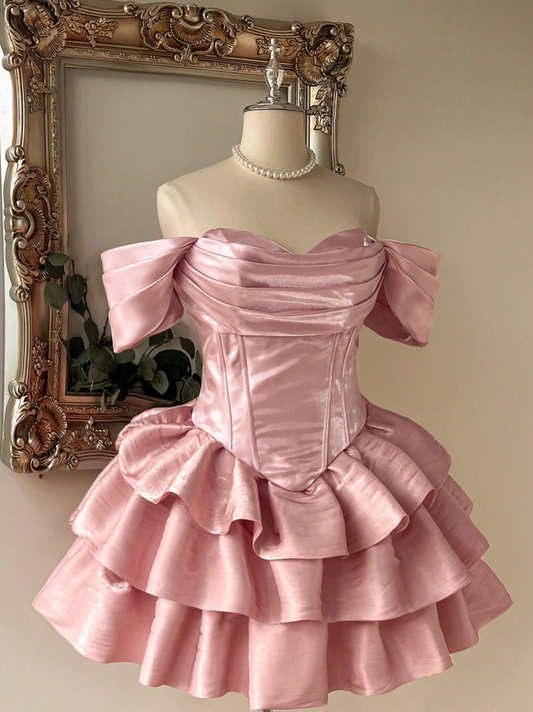 Ruffled Off-the-shoulder Women's Homecoming Dress Pink Corset Short Prom Dress Birthday Dress RS2333