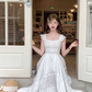White square collar small flying sleeve waist dress women's summer French temperament A-line skirt R4746