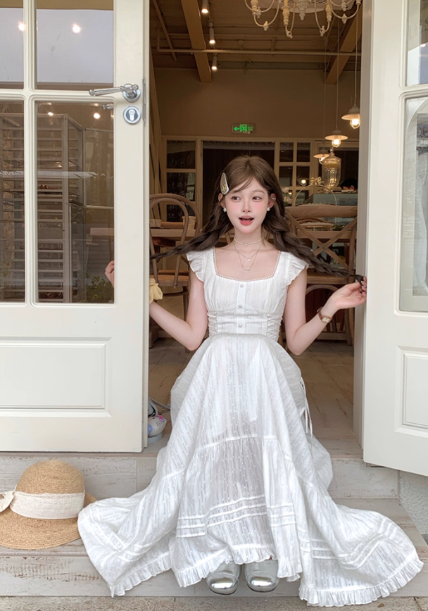 White square collar small flying sleeve waist dress women's summer French temperament A-line skirt R4746