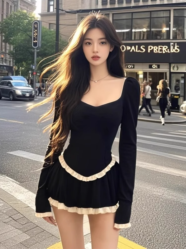 Design contrast color long sleeve dress 2025 hot girl slim a-line short skirt R1232