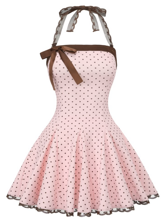 Polka Dots Trim Halter Women's Homecoming Dress Pink Corset Mini Party Dress RS2340