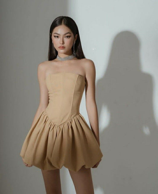 Khaki tube top A-line slim sexy lower body puffy skirt homecoming dress R2422
