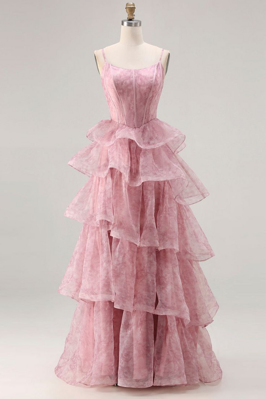 Tulle Ruffled Hazy Corset Prom Gown , Pink Women's Maxi Evening Dress Birthday Dress RS2365