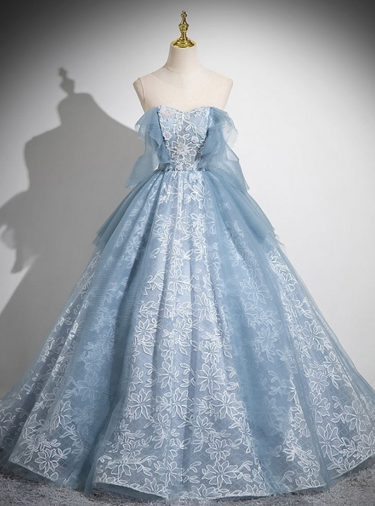 Strapless Puffy Applique Corset Prom Gown , Blue Women's Maxi Evening Dress Quinceanera Dress RS2366