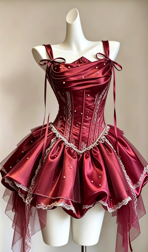 Beaded Satin Sparkly Women's Homecoming Dress Burgundy Corset Short Prom Dress RS2349
