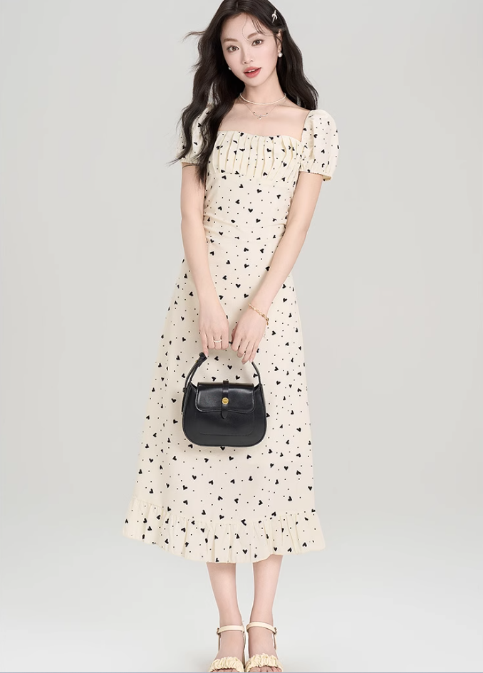 French polka dot square neck puff sleeve dress new style waist slim fit hip long skirt R2391