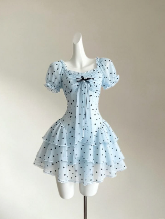Polka Dots Chiffon Women's Homecoming Dress Blue Corset Short Prom Dress Summer Dress RS2351