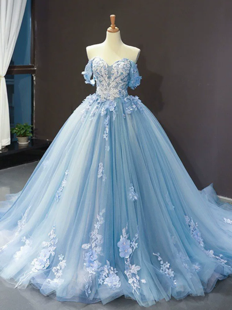 Puffy Tulle Applique Corset Prom Gown , Dreamy Blue Women's Maxi Evening Dress Quinceanera Dress RS2367
