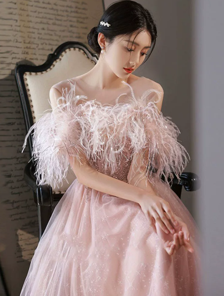 Tassel Decor Tulle Corset Prom Gown , Dreamy Pink Women's Maxi Evening Dress Birthday Dress RS2369