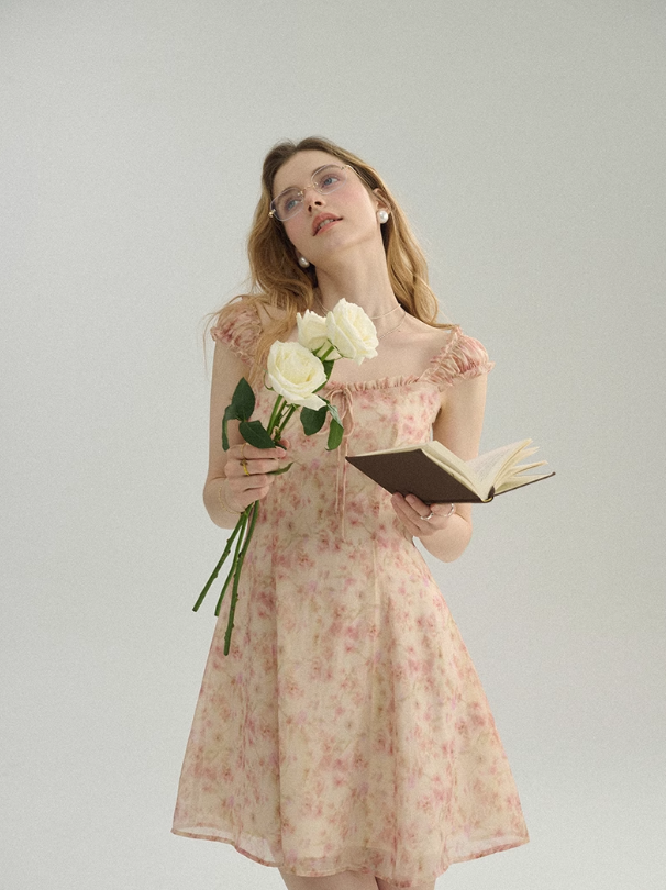 French floral dress fairy dress holiday short dress suspender dress R2769