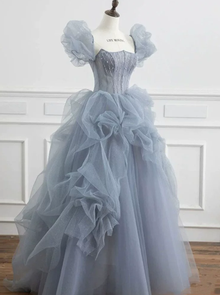 Puffy Tulle Pleated Corset Prom Gown , Dreamy Blue Women's Maxi Evening Dress Birthday Dress RS2370