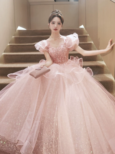 Tulle Puffy Pleated Corset Prom Gown , Sparkly Pink Women's Maxi Princess Evening Dress Birthday Dress RS2371