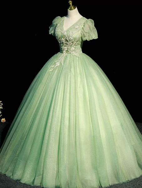 Embroidered Tulle Puffy Corset Prom Gown , Dreamy Green Women's Maxi Princess Evening Dress Quinceanera Dress RS2372