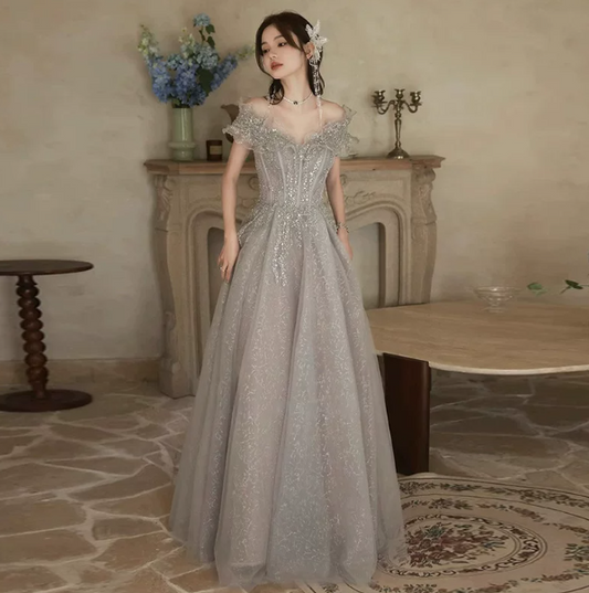 Sequins Tulle Glitter Corset Prom Gown , Sparkly Sliver Women's Maxi Evening Dress RS2373