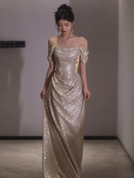 Slim Satin Corset Prom Gown , Sparkly Women's Maxi Evening Dress Party Dress RS2375