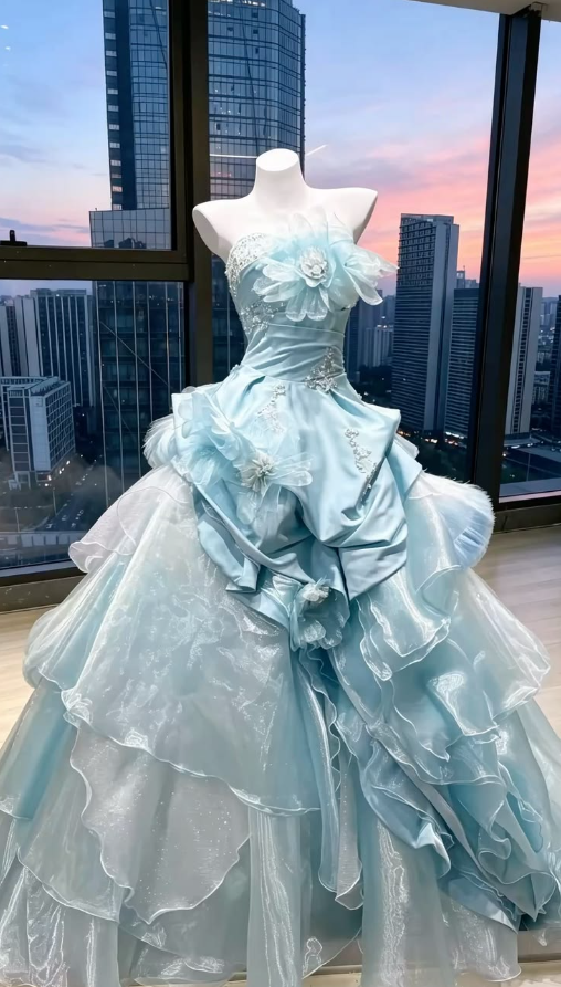 Embroidered Puffy Pleated Corset Prom Gown , Blue Women's Maxi Evening Dress Quinceanera Dress RS2377