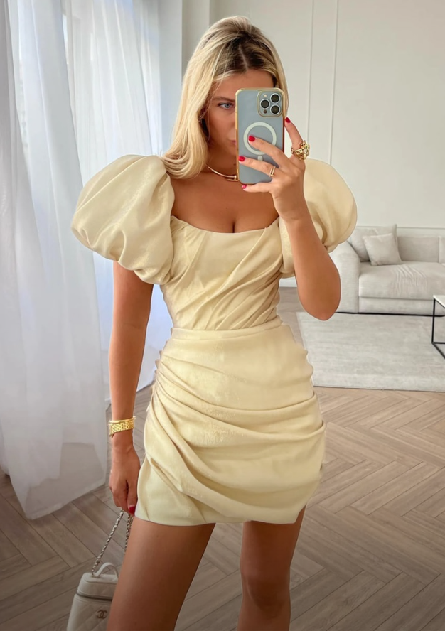 Champagne Puff Sleeve A-Line Slim Princess Dress homecoming dress R2412