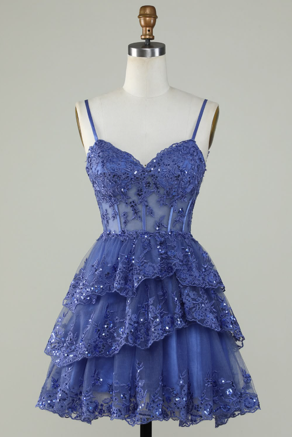 Lace Embroidered Ruffled Women's Homecoming Dress Navy Corset Short Prom Dress RS2357