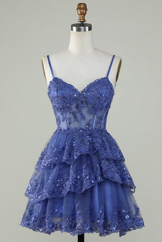 Lace Embroidered Ruffled Women's Homecoming Dress Navy Corset Short Prom Dress RS2357