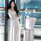 French style off-shoulder dress for women long sleeves white skirt sexy     S5394