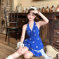 Short V-neck halter neck embroidered top high waist A-line skirt suit for women summer R4868