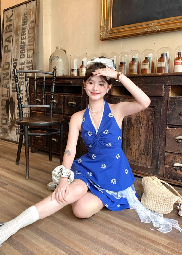 Short V-neck halter neck embroidered top high waist A-line skirt suit for women summer R4868